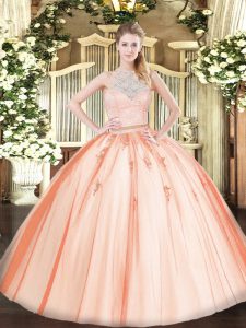 Sleeveless Tulle Floor Length Zipper Sweet 16 Dress in Orange with Lace and Appliques