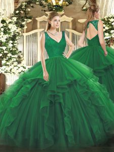 Sleeveless Floor Length Beading and Ruffles Zipper Quinceanera Dress with Dark Green