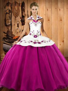 Wonderful Fuchsia Sleeveless Floor Length Embroidery Lace Up Sweet 16 Dress