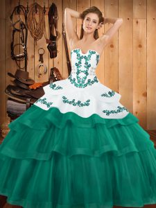 Elegant Turquoise Strapless Lace Up Embroidery and Ruffled Layers Quinceanera Gown Sweep Train Sleeveless