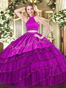 Extravagant Fuchsia Organza Backless Halter Top Sleeveless Floor Length Quinceanera Gowns Beading and Embroidery and Ruf