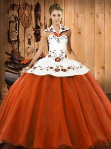 Luxurious Orange Red Lace Up Vestidos de Quinceanera Embroidery Sleeveless Floor Length
