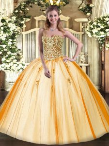 Ideal Gold Quinceanera Dress Military Ball and Sweet 16 and Quinceanera with Beading Sweetheart Sleeveless Lace Up