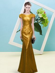 Amazing Gold Cap Sleeves Sequins Floor Length Prom Party Dress