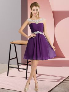 Purple Chiffon Lace Up Prom Party Dress Cap Sleeves Mini Length Beading