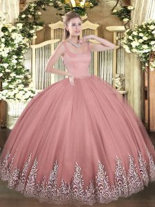 Sleeveless Tulle Floor Length Zipper 15 Quinceanera Dress in Rust Red with Appliques