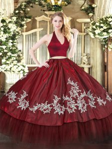 Discount Burgundy Two Pieces Taffeta Halter Top Sleeveless Appliques Floor Length Zipper Ball Gown Prom Dress