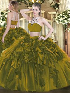 Glamorous Floor Length Olive Green 15 Quinceanera Dress Tulle Sleeveless Beading and Ruffles