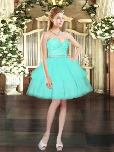 Gorgeous Aqua Blue Lace Up Prom Dresses Beading and Lace and Ruffled Layers Sleeveless Mini Length