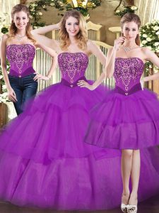 Eggplant Purple Tulle Lace Up 15 Quinceanera Dress Sleeveless Floor Length Beading and Ruffled Layers