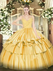 Fitting Floor Length Gold Vestidos de Quinceanera Taffeta Sleeveless Ruffled Layers