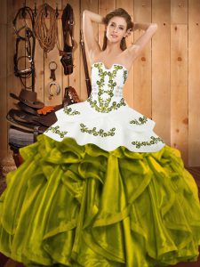 Sleeveless Floor Length Embroidery and Ruffles Lace Up Sweet 16 Dresses with Olive Green