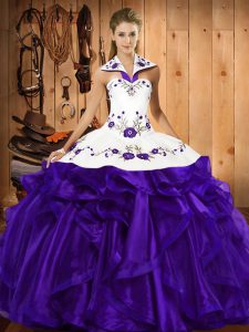 Glorious Sleeveless Organza Floor Length Lace Up Sweet 16 Quinceanera Dress in Purple with Embroidery and Ruffled Layers