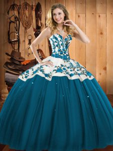 Teal Ball Gowns Embroidery Quinceanera Dress Lace Up Satin and Tulle Sleeveless Floor Length