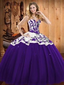 Custom Designed Purple Satin and Tulle Lace Up Sweet 16 Dresses Sleeveless Floor Length Embroidery