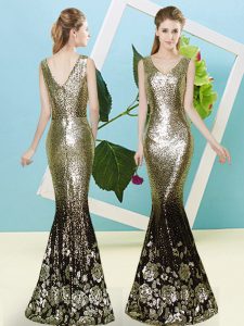 Exceptional V-neck Sleeveless Homecoming Dress Floor Length Sequins Gold Sequined