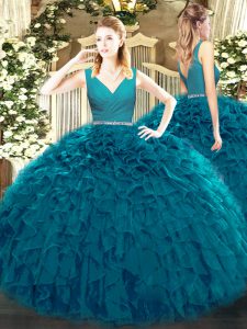 Teal Quinceanera Dress Military Ball and Sweet 16 and Quinceanera with Beading and Ruffles V-neck Sleeveless Zipper