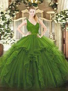 Captivating Olive Green Sleeveless Beading and Lace and Ruffles Floor Length Quinceanera Dresses