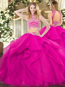 Fuchsia Two Pieces Tulle High-neck Sleeveless Beading and Ruffles Floor Length Backless Ball Gown Prom Dress