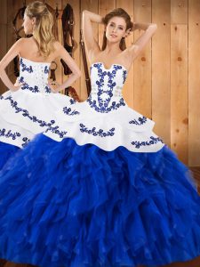 Hot Sale Sleeveless Floor Length Embroidery and Ruffles Lace Up Quinceanera Gowns with Royal Blue