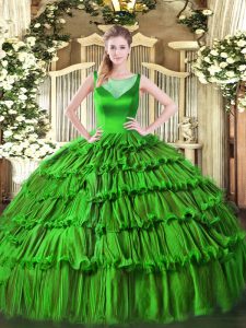 Simple Green Ball Gowns Organza Scoop Sleeveless Beading and Ruffled Layers Floor Length Side Zipper Quinceanera Dress