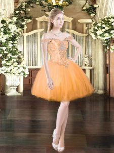 Custom Designed Mini Length Orange Red Prom Evening Gown Tulle Sleeveless Beading