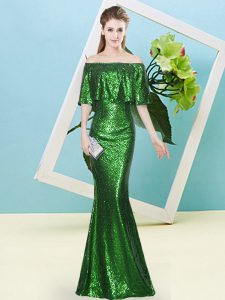 Dark Green Half Sleeves Floor Length Sequins Zipper Prom Evening Gown