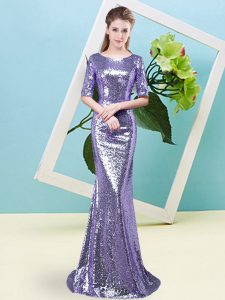 Enchanting Lavender Mermaid Sequined Scoop Half Sleeves Sequins Floor Length Zipper Prom Dress