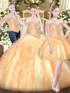 Gold Sleeveless Floor Length Ruffles Lace Up Quinceanera Gowns