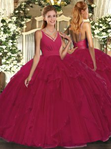 Exceptional Floor Length Backless Sweet 16 Quinceanera Dress Fuchsia for Sweet 16 and Quinceanera with Beading and Ruffl