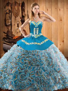 Latest Satin and Fabric With Rolling Flowers Sweetheart Sleeveless Sweep Train Lace Up Embroidery Quinceanera Gown in Mu