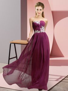 Dark Purple Chiffon Lace Up Sweetheart Sleeveless Floor Length Homecoming Dress Appliques