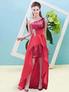 Romantic Coral Red Sleeveless Beading and Sequins High Low Evening Dress