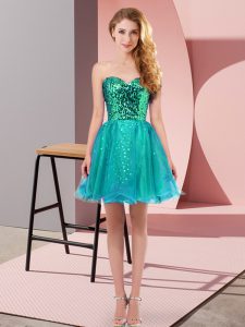 Decent Teal A-line Sweetheart Sleeveless Tulle Mini Length Zipper Sequins Prom Evening Gown
