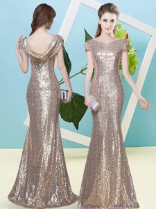Champagne Mermaid Sequins Prom Gown Zipper Sequined Cap Sleeves Floor Length
