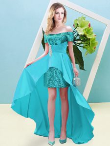 Aqua Blue Empire Elastic Woven Satin and Sequined Off The Shoulder Short Sleeves Beading High Low Lace Up Homecoming Dre