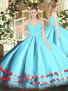 Luxurious Floor Length Ball Gowns Sleeveless Aqua Blue Quinceanera Dress Zipper