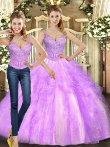 Glamorous Floor Length Lace Up Vestidos de Quinceanera Lilac for Military Ball and Sweet 16 and Quinceanera with Beading