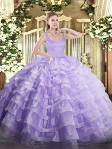 Sleeveless Floor Length Beading and Ruffled Layers Zipper Quinceanera Dress with Lavender