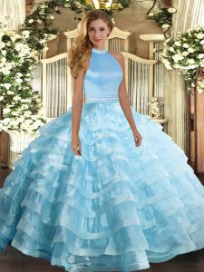 Graceful Organza Halter Top Sleeveless Backless Beading and Ruffled Layers Quinceanera Gown in Baby Blue