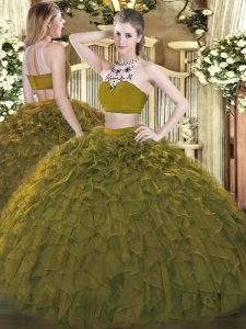 Luxurious Tulle High-neck Sleeveless Backless Beading and Ruffles Sweet 16 Dress in Olive Green
