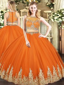 Orange Red Sleeveless Floor Length Beading and Appliques Zipper Sweet 16 Quinceanera Dress