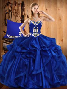 Edgy Floor Length Lace Up Quinceanera Dress Royal Blue for Military Ball and Sweet 16 and Quinceanera with Embroidery an