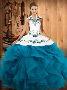 Edgy Teal 15 Quinceanera Dress Military Ball and Sweet 16 and Quinceanera with Embroidery and Ruffles Halter Top Sleevel