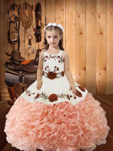 Exquisite Straps Sleeveless Kids Formal Wear Floor Length Embroidery and Ruffles Peach Fabric With Rolling Flowers