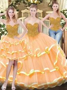 Eye-catching Peach Sleeveless Tulle Lace Up Quinceanera Gown for Military Ball and Sweet 16 and Quinceanera