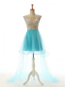 Aqua Blue Scoop Neckline Appliques Prom Gown Sleeveless Backless