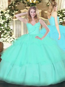 Ideal Organza Spaghetti Straps Sleeveless Zipper Ruffled Layers Quinceanera Gowns in Apple Green