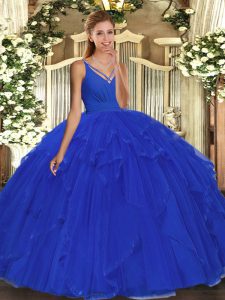 Beading and Ruffles Ball Gown Prom Dress Blue Backless Sleeveless Floor Length