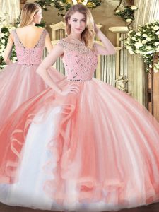 Sleeveless Floor Length Beading and Ruffles Zipper Quinceanera Dresses with Peach